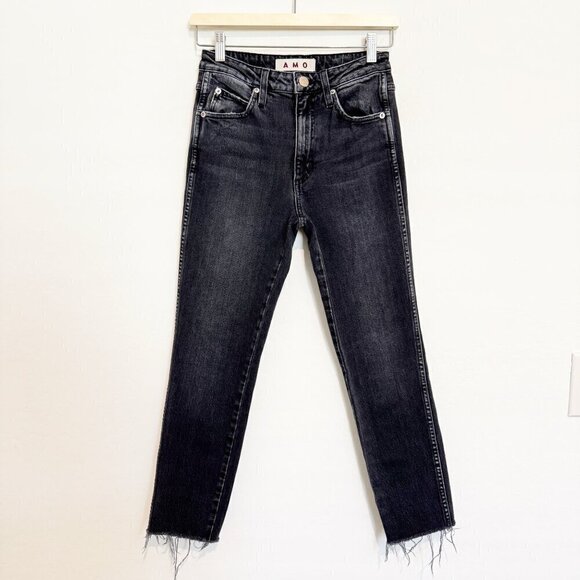 AMO Denim High Rise Stix Cropped Jeans Frayed Hem Anthropologie Washed Black 26 - Picture 1 of 8